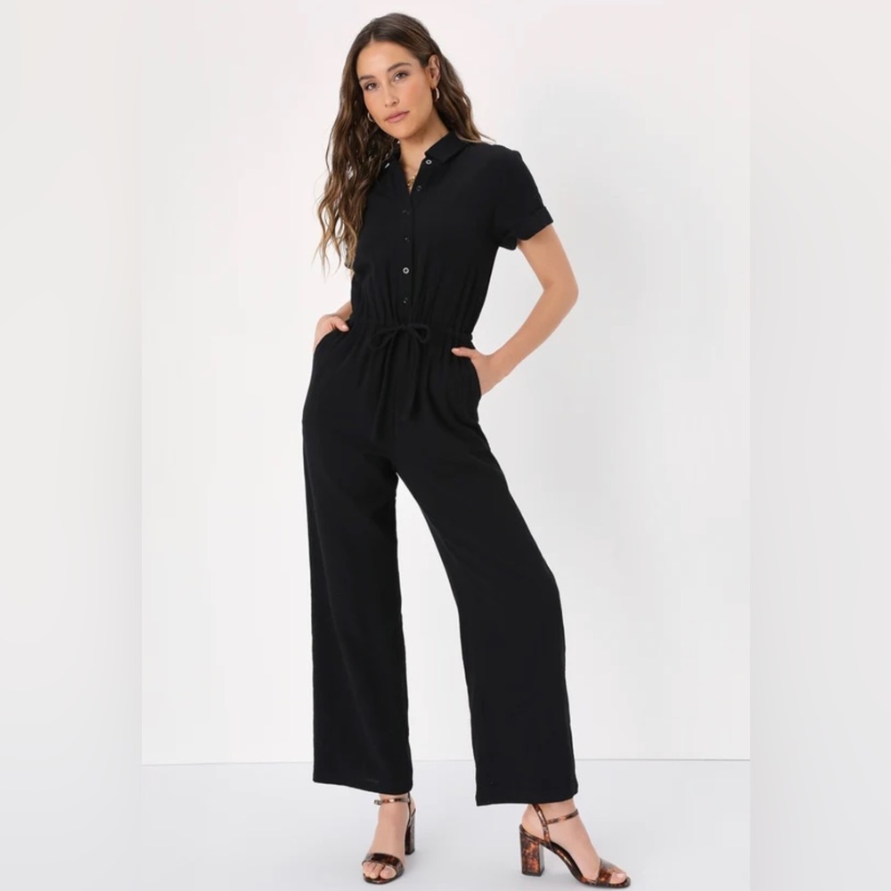 NEW - Lulus - Laidback Living Black Button-Front Short Sleeve Jumpsuit - Size L